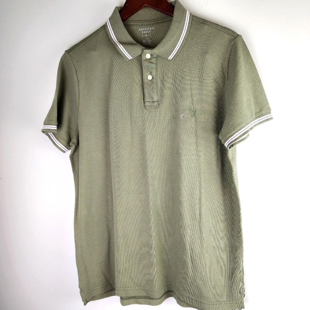 American Eagle Lived In Stretch Slim Fit Tipped Polo Shirt Size Large - Picture 8 of 9